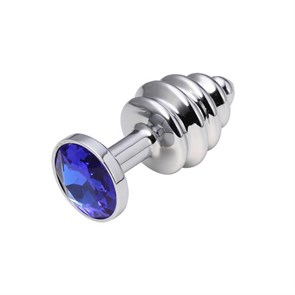 Анальная пробка Butt Plug Silver ребристая синяя 7 см 717028-6 Д717028-6